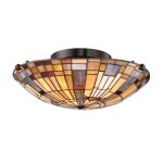 Plafonnier acier, verre d'art multicolore bronze & abat - jour en verre