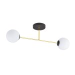 Plafonnier noir avec barrette dore et 2 sphres en verre blanc