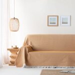 Plaid couvre - lit en coton nid d'abeille ocre 230x280 cm