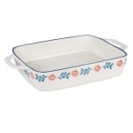 Plat  gratin en cramique blanche motif floral bleu et rouge l42