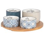 Plateau apritif en bambou 4 bols en cramique bleue, beige et blanche  motifs