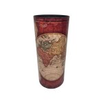 Porte parapluie carte du monde en toile bois beige et rouge