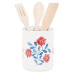 Pot à ustensiles en céramique blanche motif floral bleu et rouge et ustensiles en bois d'hévéa Pot à ustensiles en céramique blanche motif floral bleu et rouge et ustensiles en bois d'hévéa