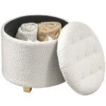 Pouf coffre rangement en tissu bouclette blanc
