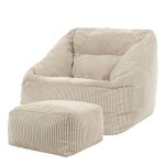 Pouf fauteuil avec repose - pied carr� velours c�tel� beige galet