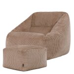 Pouf fauteuil avec repose - pied carr� velours c�tel� brun moka