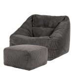 Pouf fauteuil avec repose - pied carr� velours c�tel� gris anthracite