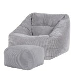 Pouf fauteuil avec repose - pied carr� velours c�tel� gris clair