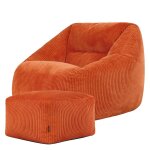 Pouf fauteuil avec repose - pied carr� velours c�tel� orange terracotta