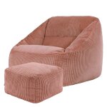Pouf fauteuil avec repose - pied carr� velours c�tel� rose aube