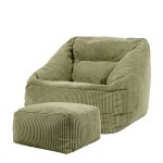 Pouf fauteuil avec repose - pied carr� velours c�tel� vert sauge