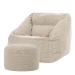 Pouf fauteuil avec repose - pied rond velours c�tel� beige galet
