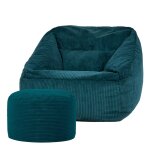 Pouf fauteuil avec repose - pied rond velours c�tel� bleu canard