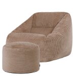 Pouf fauteuil avec repose - pied rond velours c�tel� brun moka