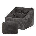 Pouf fauteuil avec repose - pied rond velours c�tel� gris anthracite