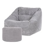 Pouf fauteuil avec repose - pied rond velours c�tel� gris clair