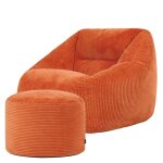 Pouf fauteuil avec repose - pied rond velours c�tel� orange terracotta