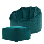 Pouf fauteuil avec repose - pied velours bleu canard