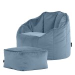 Pouf fauteuil avec repose - pied velours bleu minral