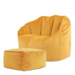 Pouf fauteuil avec repose - pied velours jaune ocre