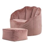 Pouf fauteuil avec repose - pied velours rose aube