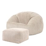 Pouf avec repose - pied carré velours côtelé beige galet Pouf avec repose - pied carré velours côtelé beige galet