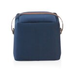 Pouf tapiss en velours bleu avec poigne en simili cuir
