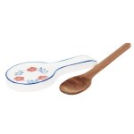 Repose - cuillre en cramique blanche motif floral bleu et rouge et cuillre en bois d'acacia