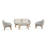 Salon bas de jardin 5 pl en alu imitation bois et corde tisse,