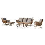 Salon bas de jardin 5 places alu aspect bois, teck et corde tisse