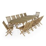 Salon de jardin 10 chaises avec 2 fauteuils en teck massif