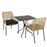 Salon de jardin 2 pers - table carre 70cm et 2 fauteuils beiges / noirs