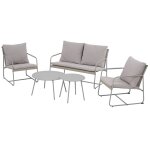 Salon de jardin 4 places en acier gris et coussins gris clair