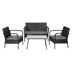 Salon de jardin 4 places en rsine tresse noire tissu gris