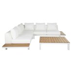 Salon de jardin 6 places en aluminium blanc, bois de teck et coussins effet cuir blanc