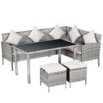 Salon de jardin d'angle 6 places avec poufs er table  manger gris