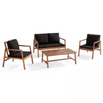 Salon de jardin bois avec 1 canap, 2 fauteuils et table basse noir