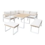 Salon de jardin bois d'acacia et aluminium 8 places blanc et beige