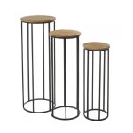 Sellettes rondes en mtal noir et plateaux bois - lot de 3