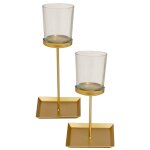 Set de 2 photophores sur pieds en verre et métal doré Set de 2 photophores sur pieds en verre et métal doré