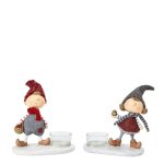 Set de 2 porte - bougies de nol figurines en rsine rouge et grise h12