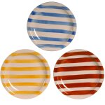 Set de 3 assiettes faence rayures bleues, jaunes, rouges 26x26x3cm