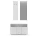 Set 3 pièces, petit meuble, porte - manteaux et miroir - blanc et gris Set 3 pièces, petit meuble, porte - manteaux et miroir - blanc et gris