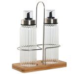 Set huile et vinaigre en verre avec support en mtal chrom et bois