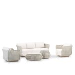 Set de jardin 5 places corde grise avec 2 tables rondes en ciment