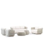 Set de jardin 7 places en corde grise avec 2 tables rondes en ciment