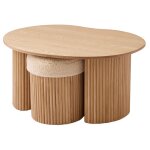 Set d'une table basse en bois et 2 poufs en bouclettes blanches