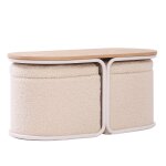 Set d'une table basse en bois et 2 poufs en bouclettes blanches