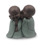 Statue figurine 2 bonze chuchote en rsine vert & marron - h12 cm