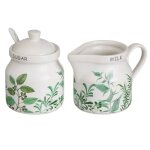 Sucrier + pot à lait en céramique blanche motif feuillage Sucrier + pot à lait en céramique blanche motif feuillage